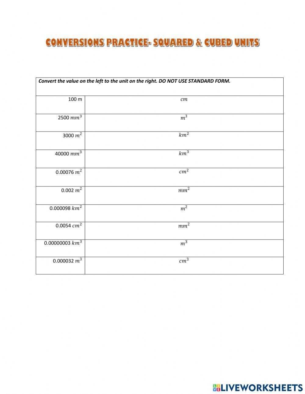unit of conversion worksheet