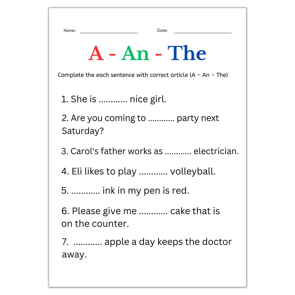 use of a and an worksheet