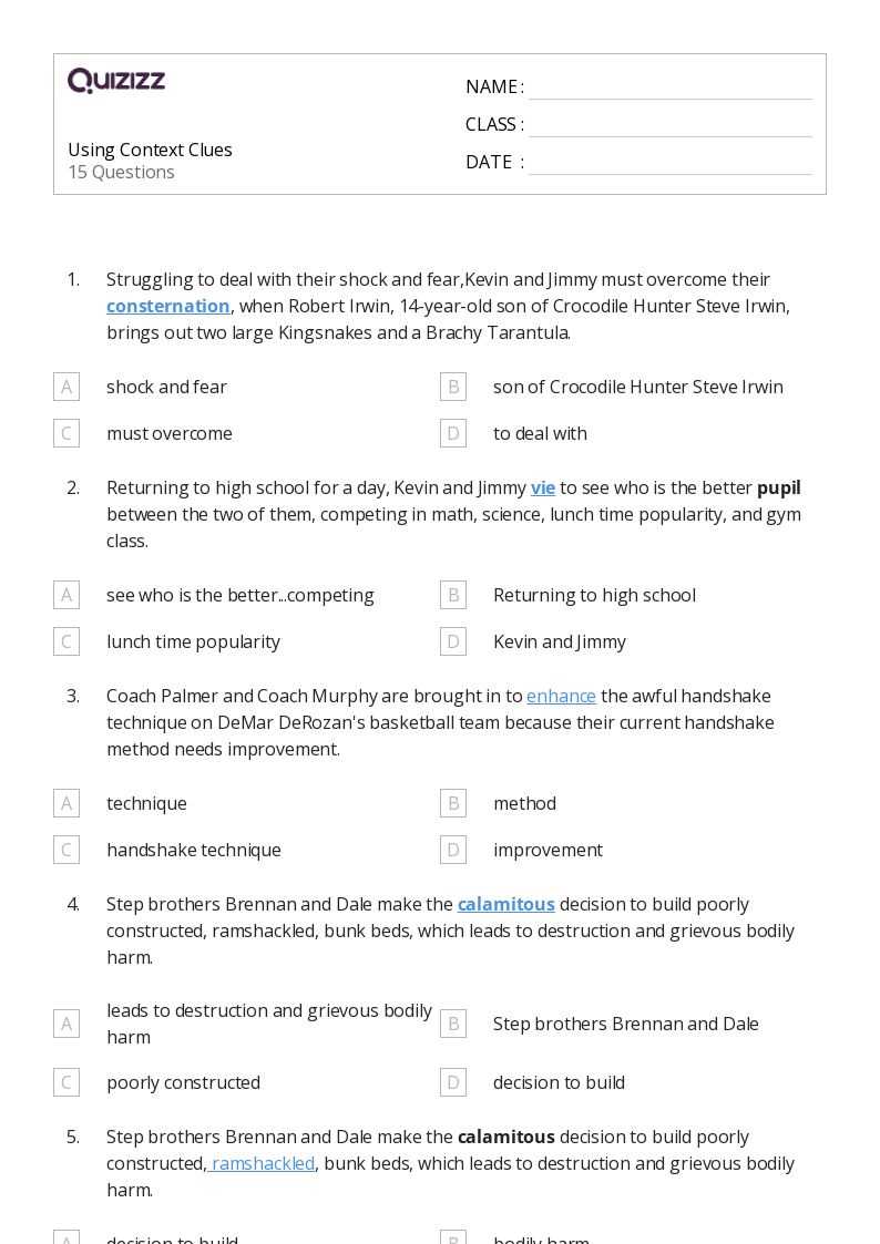 using context clues worksheet