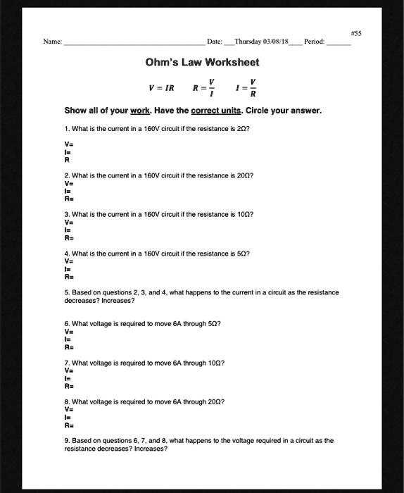 voltage current resistance worksheet