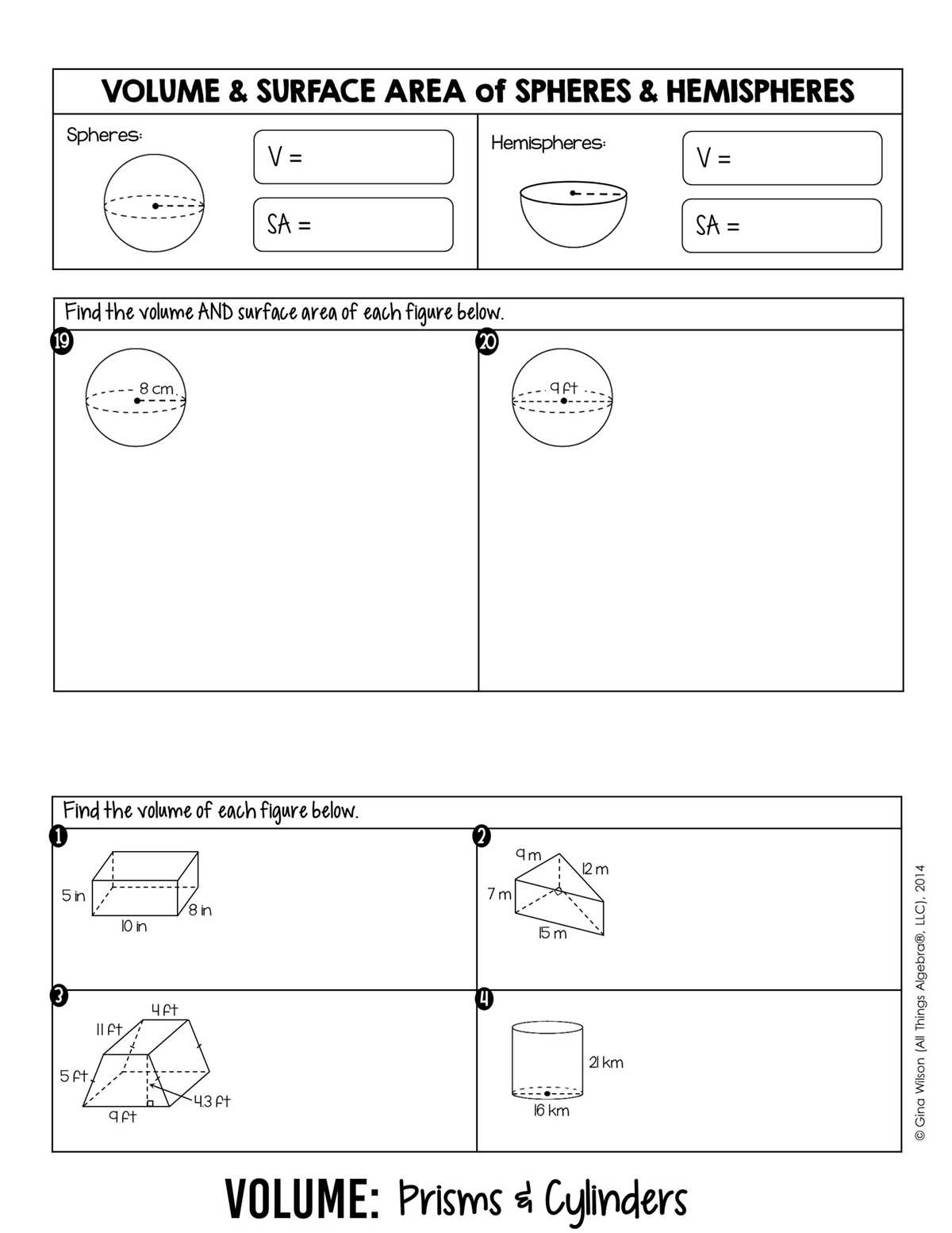 volume of spheres and hemispheres worksheet