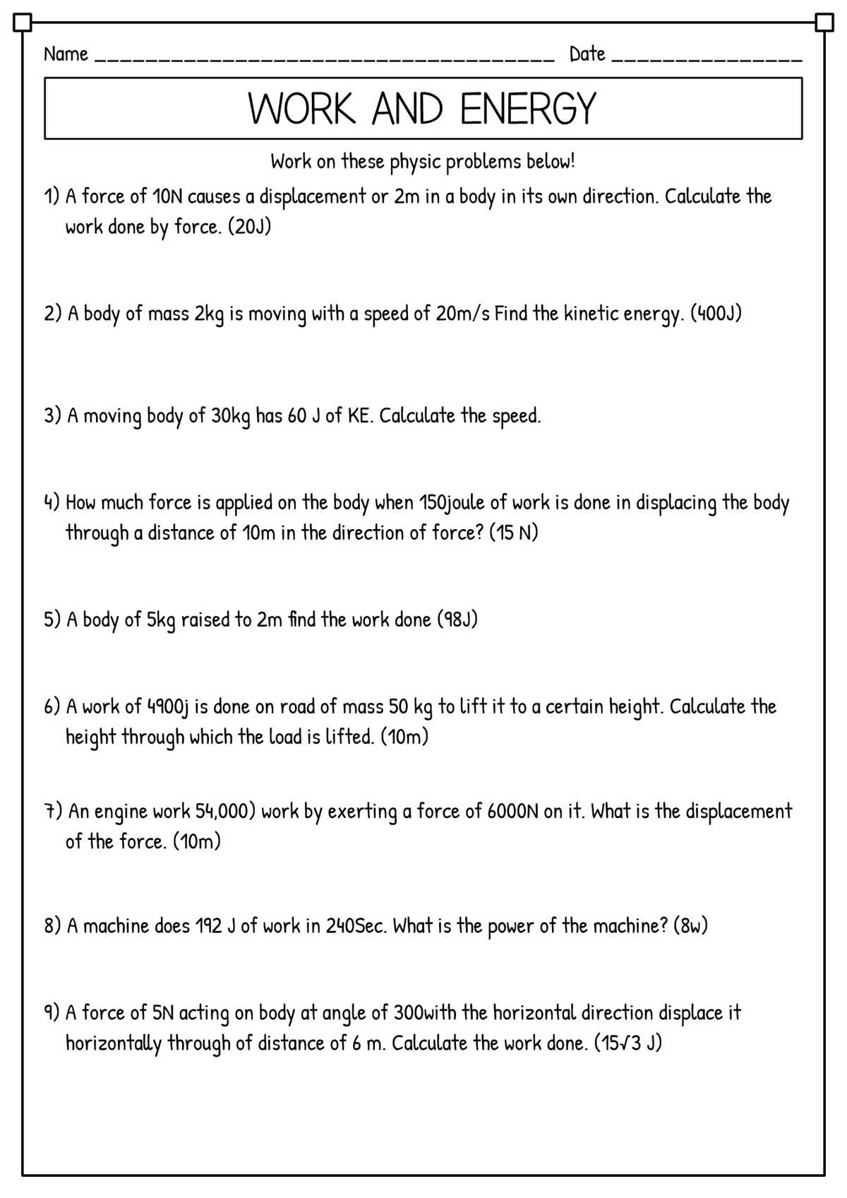 work power and energy worksheet