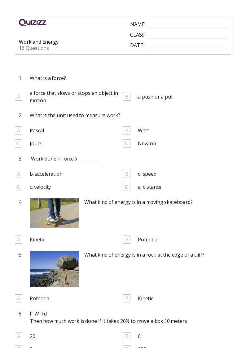 work power energy worksheet