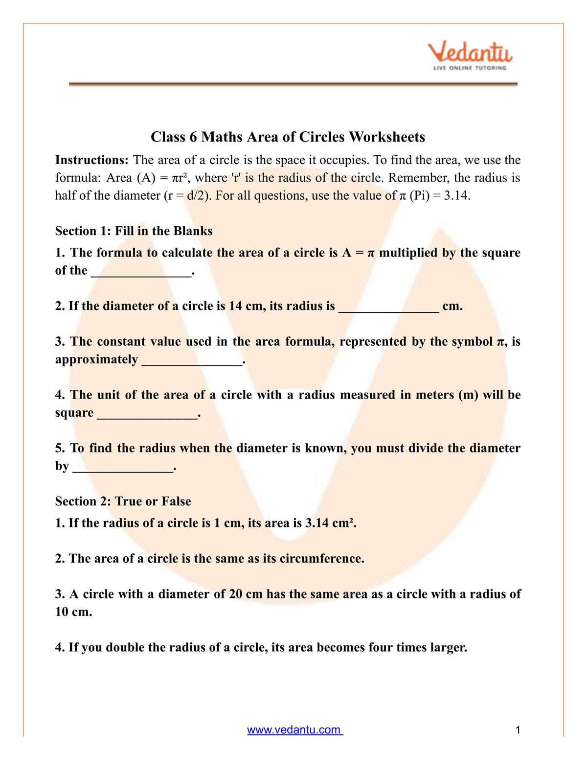 worksheet area and circumference of a circle