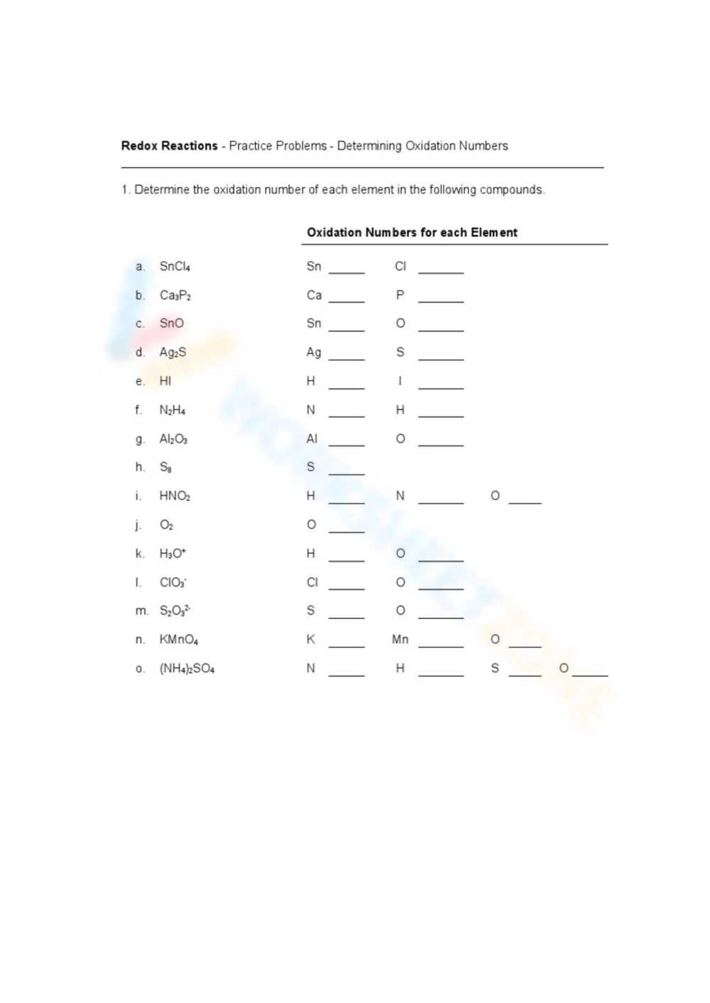 worksheet assigning oxidation numbers