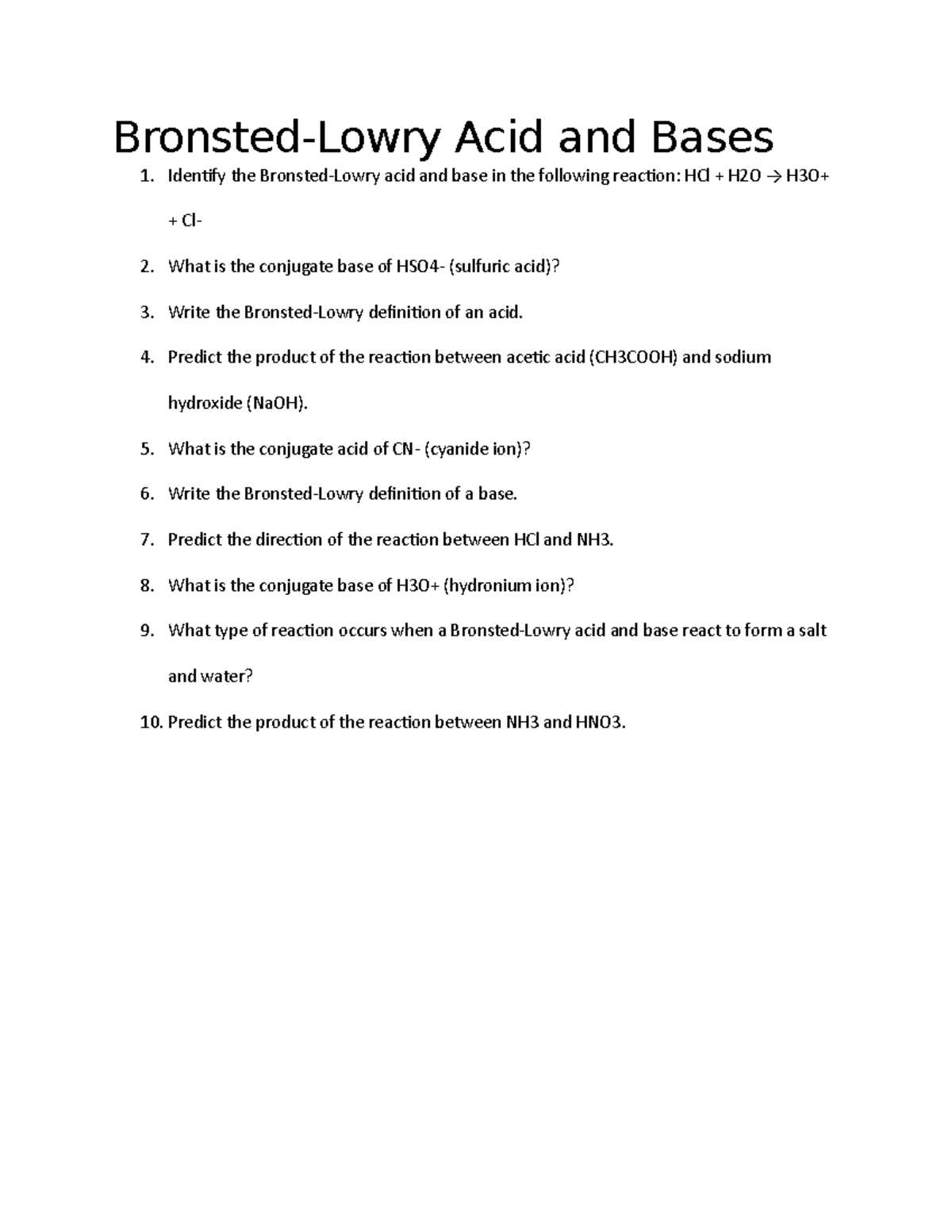 worksheet bronsted lowry acids and bases