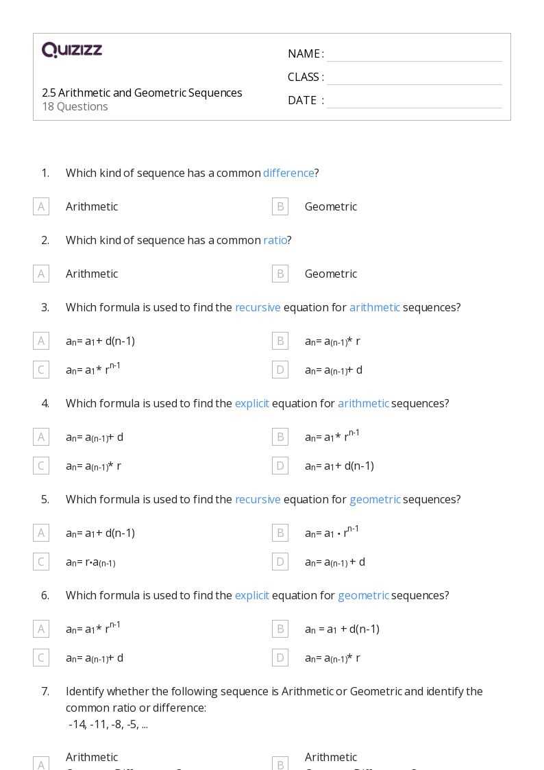 worksheet for arithmetic sequence