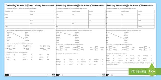worksheet for converting metric units