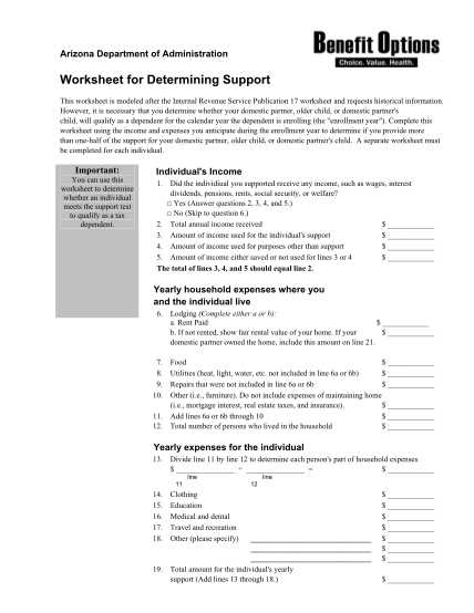 worksheet for determining support