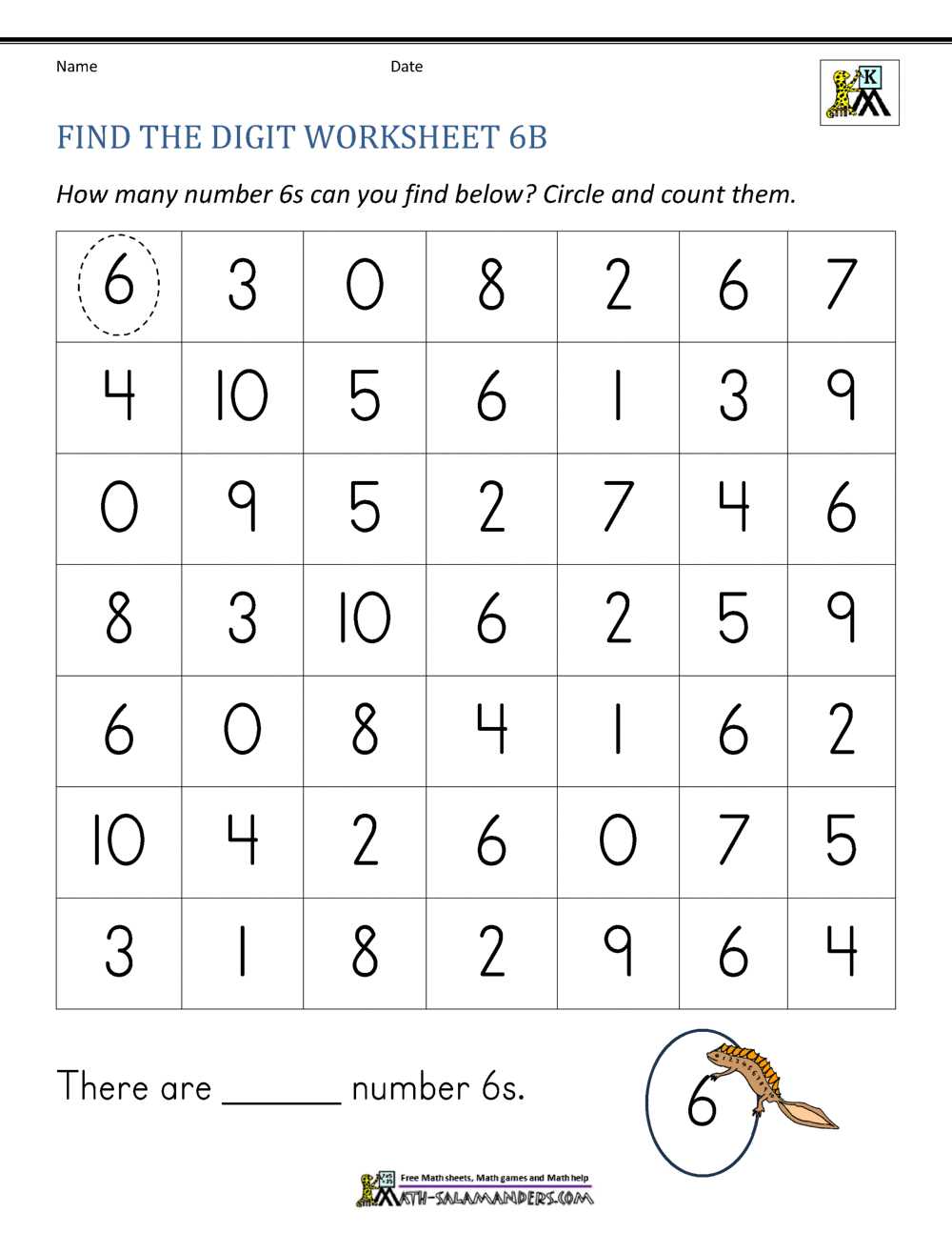 worksheet on number 6