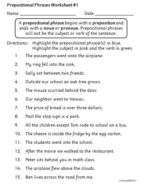 worksheet prepositional phrases