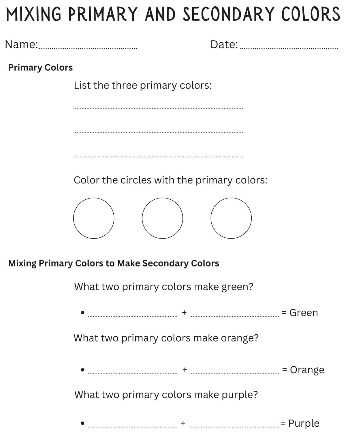 worksheet primary colors
