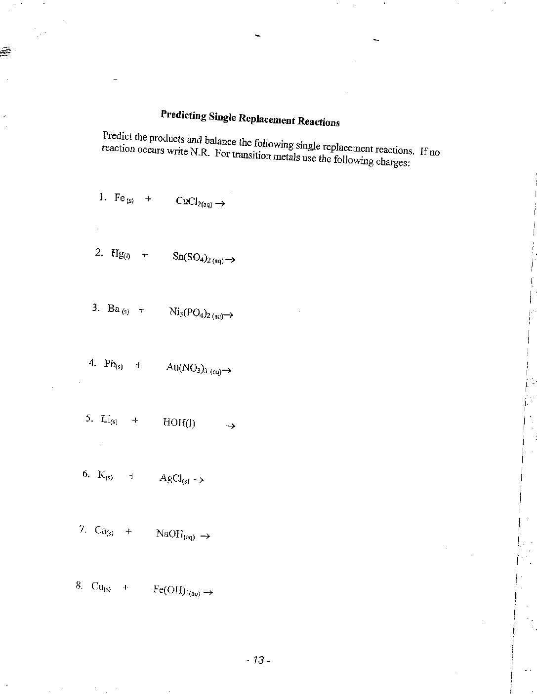 worksheet single replacement reactions