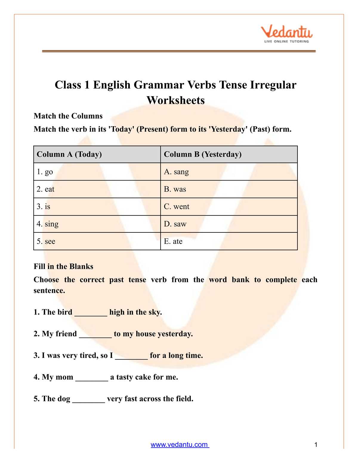 worksheet with irregular verbs