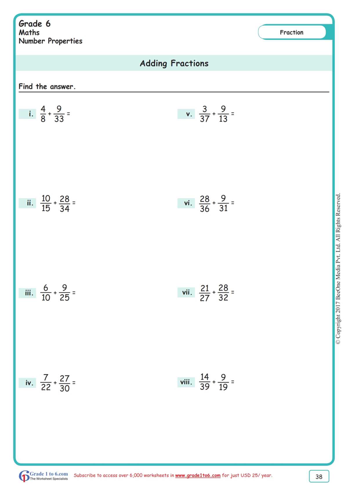 worksheets adding fractions