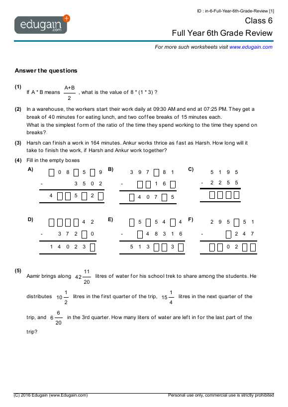 worksheets for grade 6