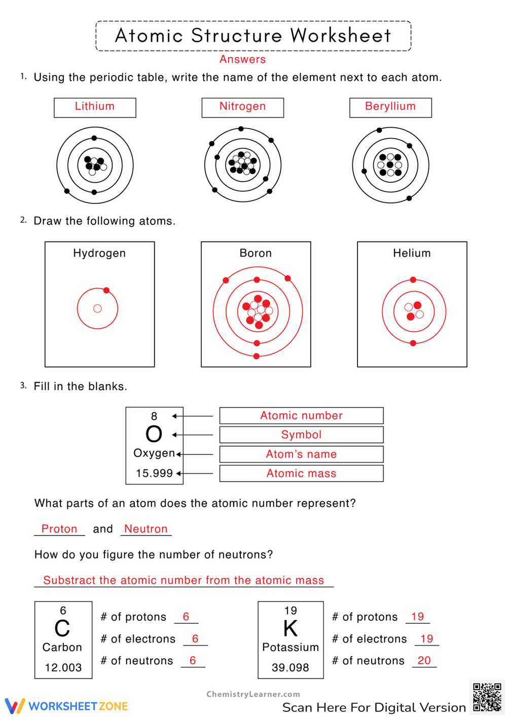 worksheets on atomic structure