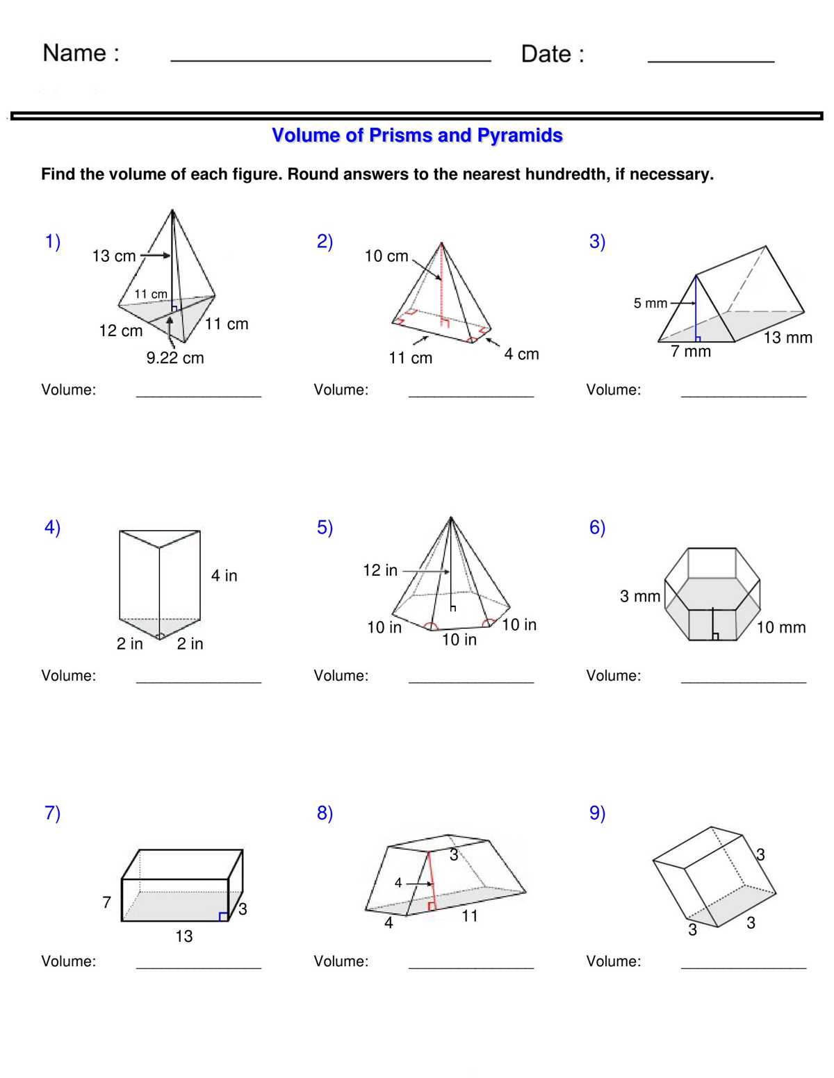 worksheets on volume