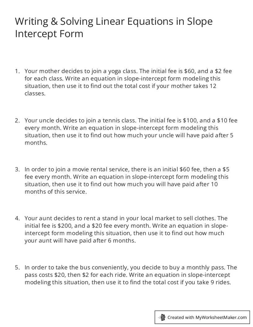 write linear equations from word problems worksheet