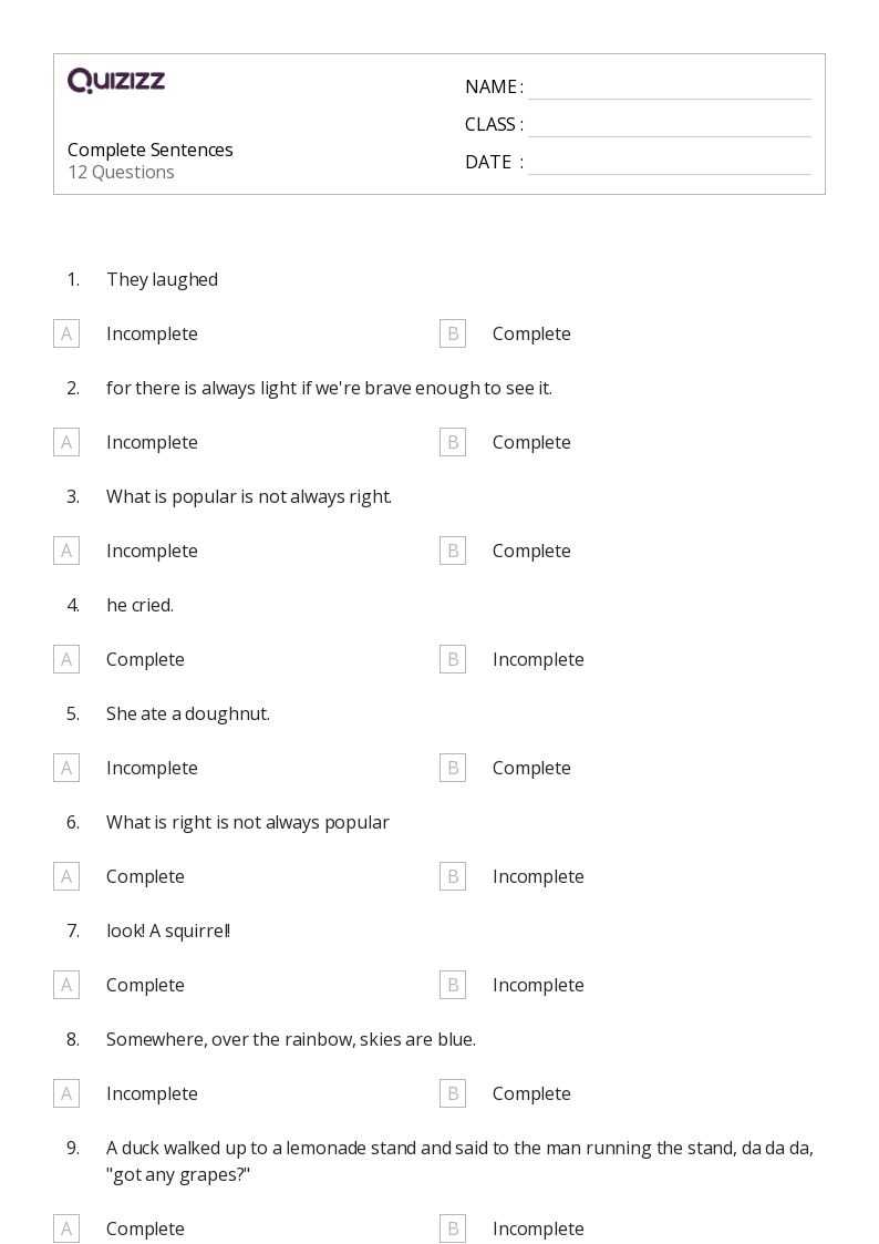 writing complete sentences worksheets