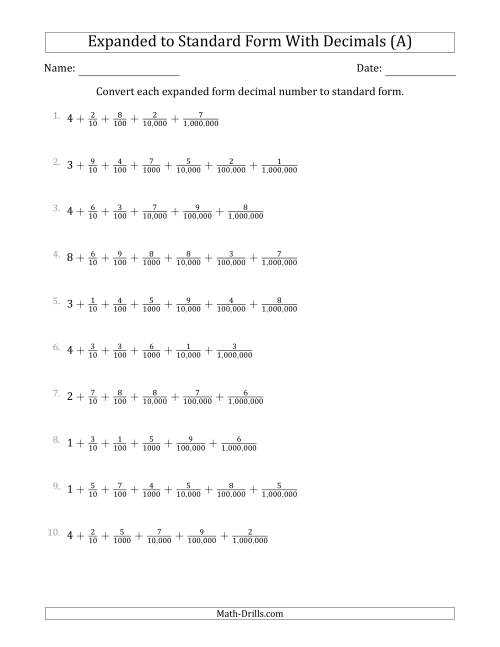 writing decimals in expanded form worksheet