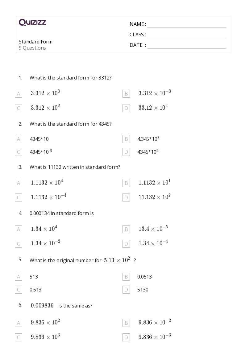 writing numbers in standard form worksheets