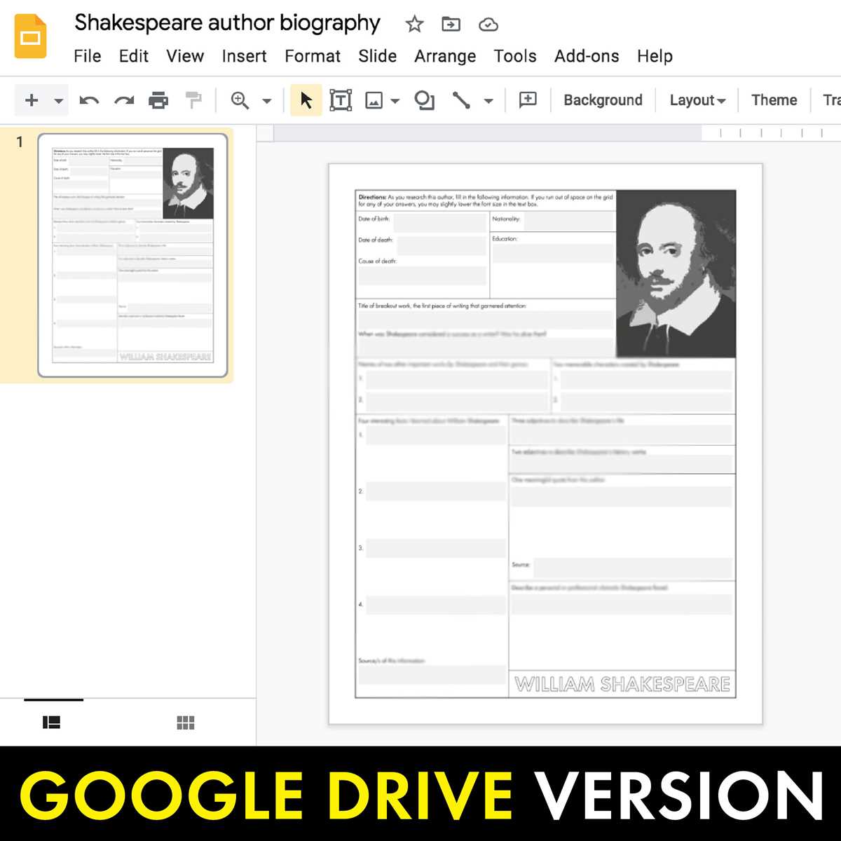 a and e biography shakespeare worksheet