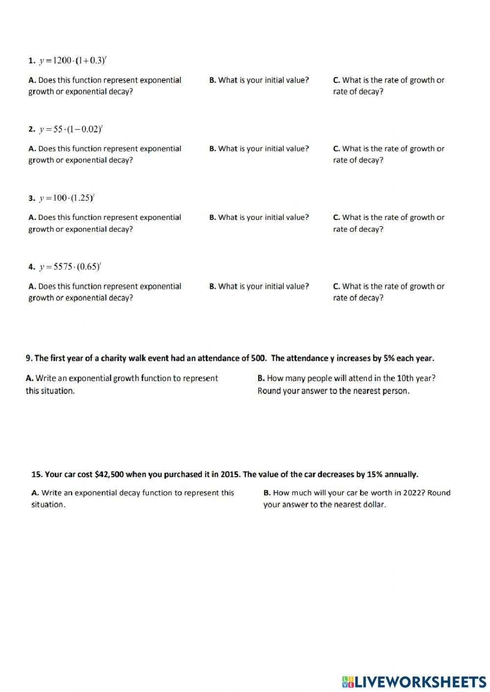 exponential decay functions worksheet