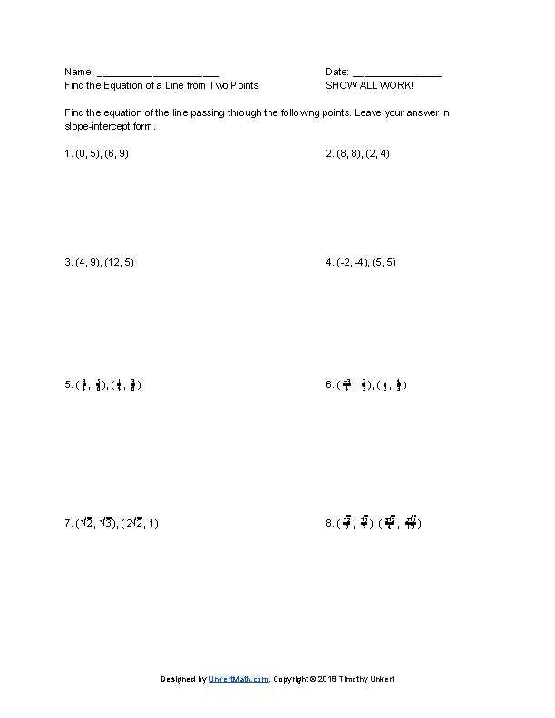 finding the equation of a line given two points worksheet