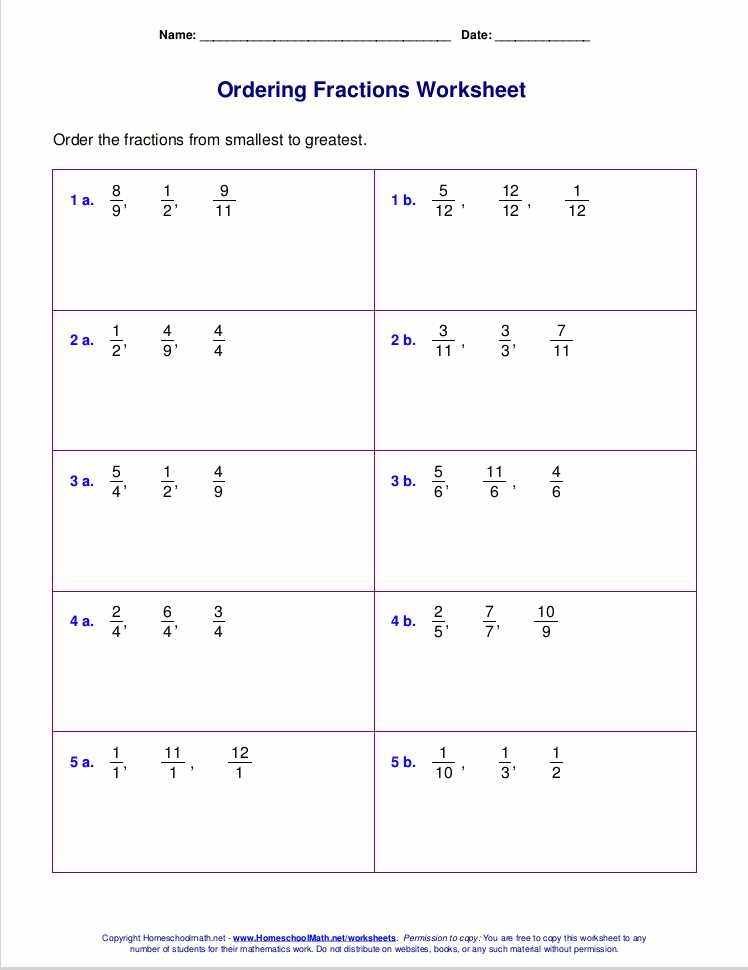 ordering fractions with unlike denominators worksheet