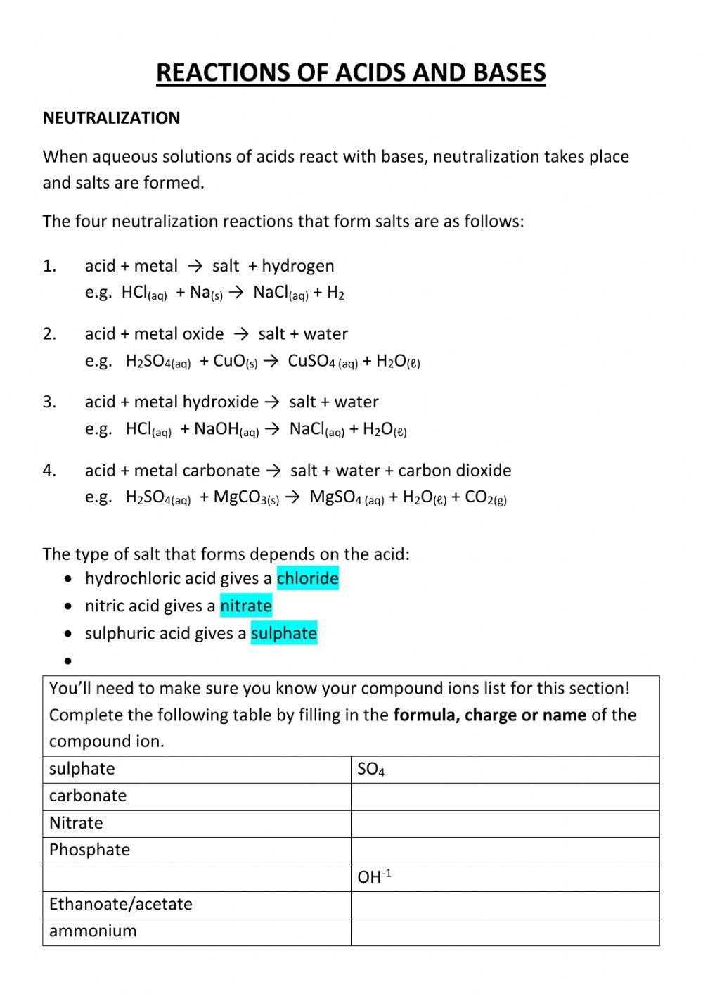 acid base reactions worksheet