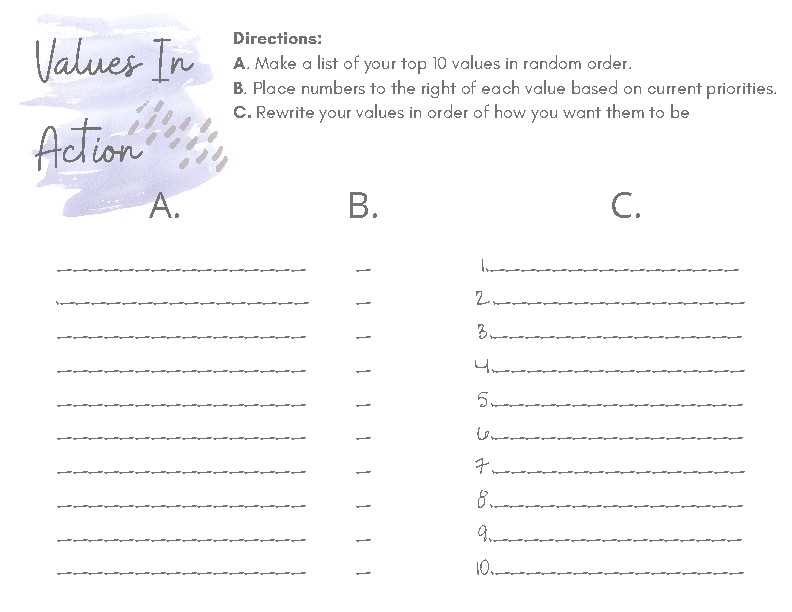act values worksheet for kids