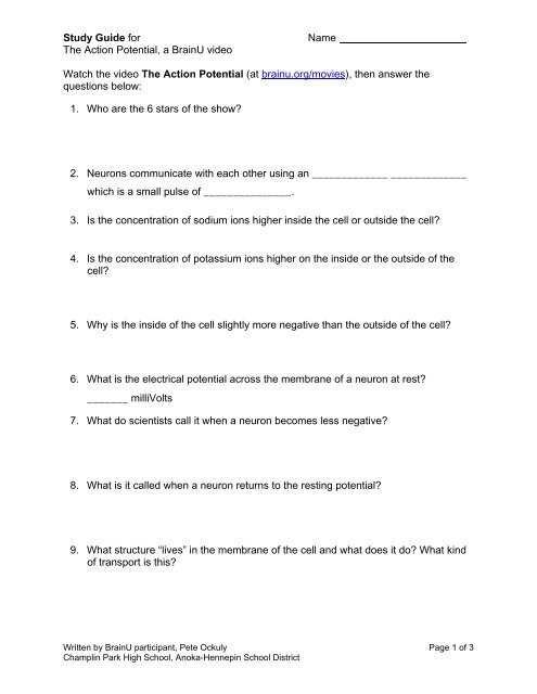 action potential worksheet