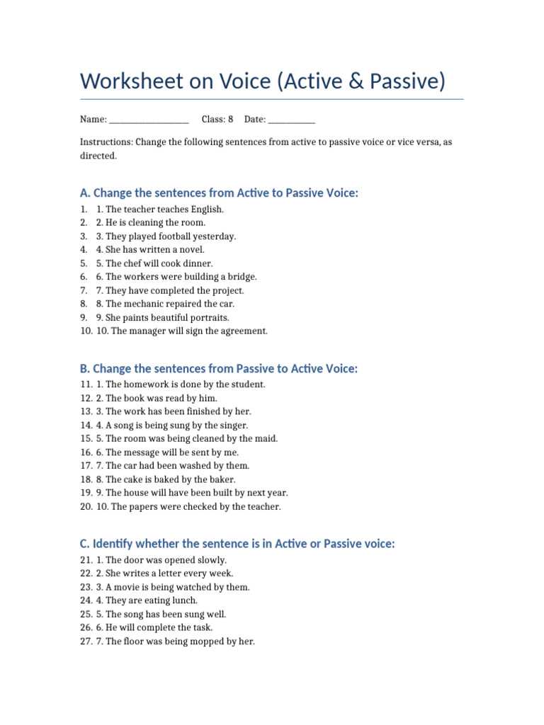 active passive voice worksheets class 8