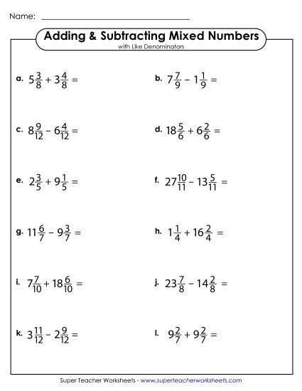 add fractions with like denominators worksheets