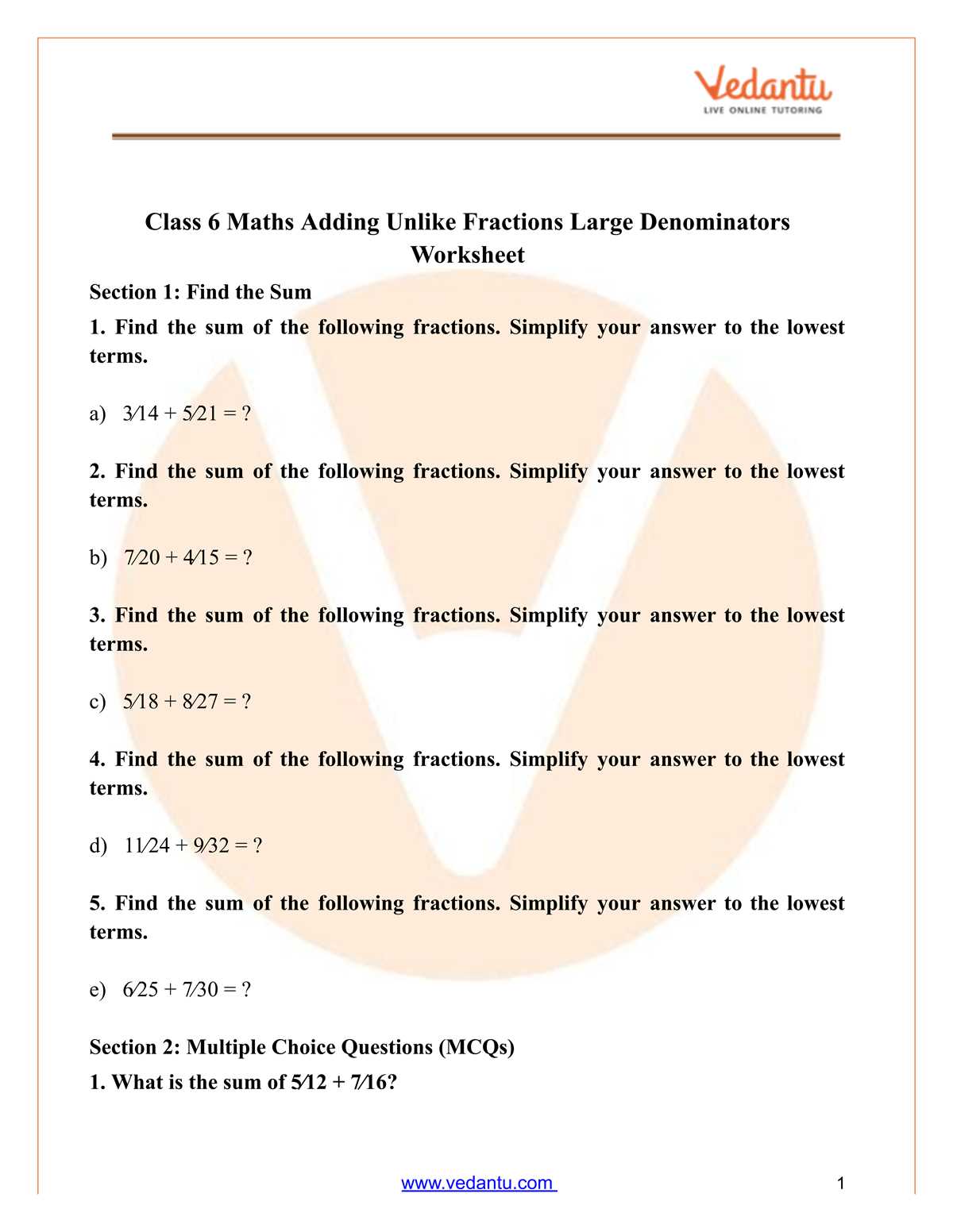 add unlike fractions worksheet