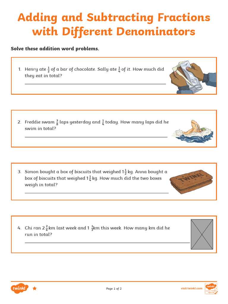adding and subtracting fractions with like denominators word problems worksheets