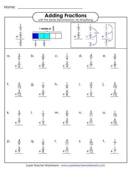 adding and subtracting fractions with like denominators worksheets