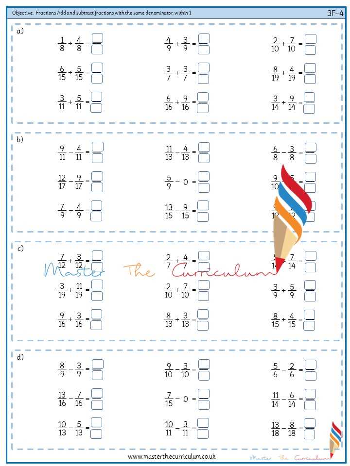adding and subtracting fractions with same denominator worksheet