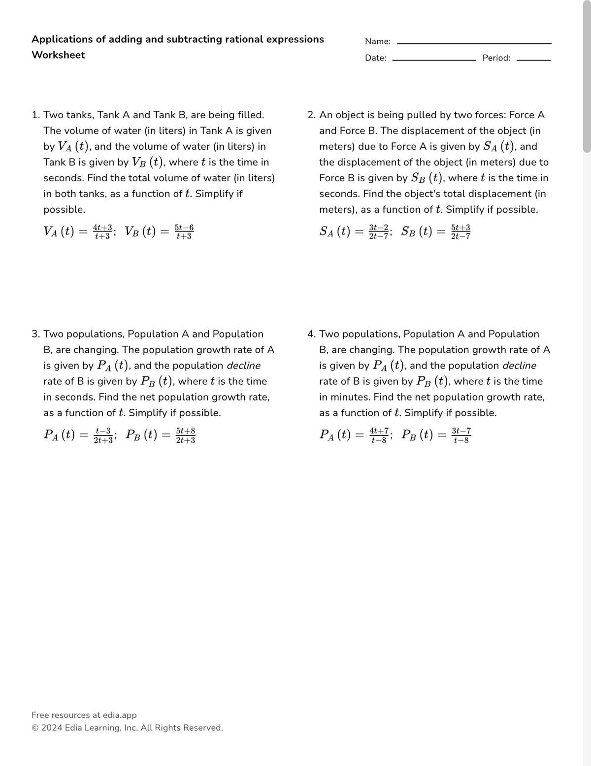 adding and subtracting rational algebraic expressions worksheet