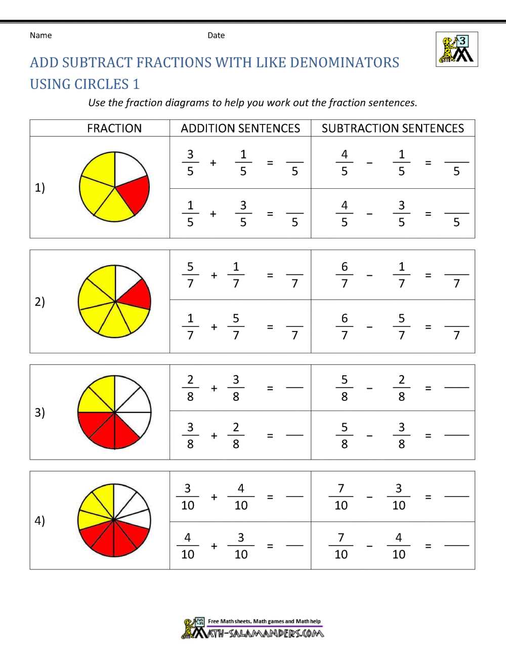 adding and subtracting unlike denominators worksheets