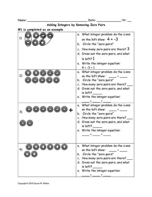 adding integers using zero pairs worksheet