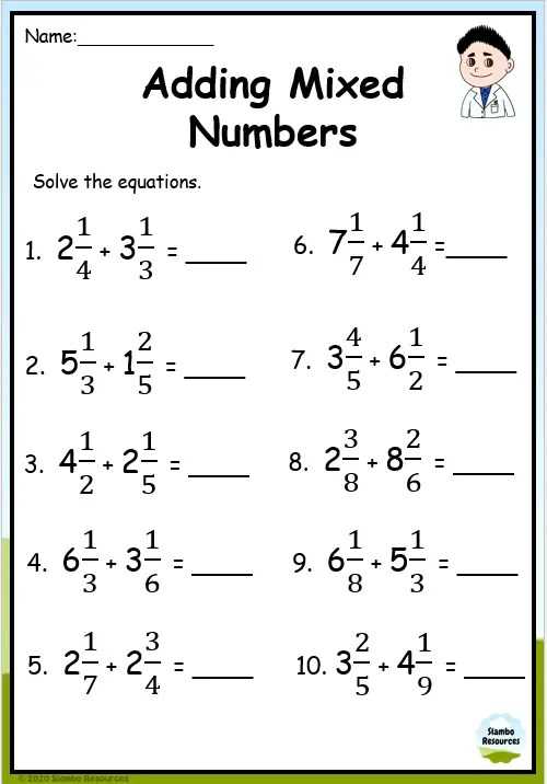 adding mixed numbers with unlike denominators worksheet