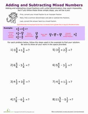 adding subtracting unlike fractions worksheet