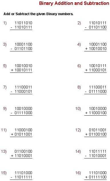 addition and subtraction of binary numbers worksheet