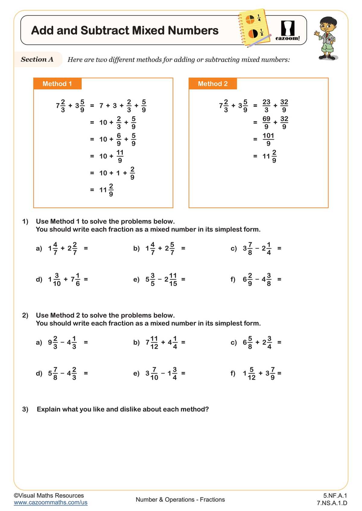 addition and subtraction of mixed fraction worksheet