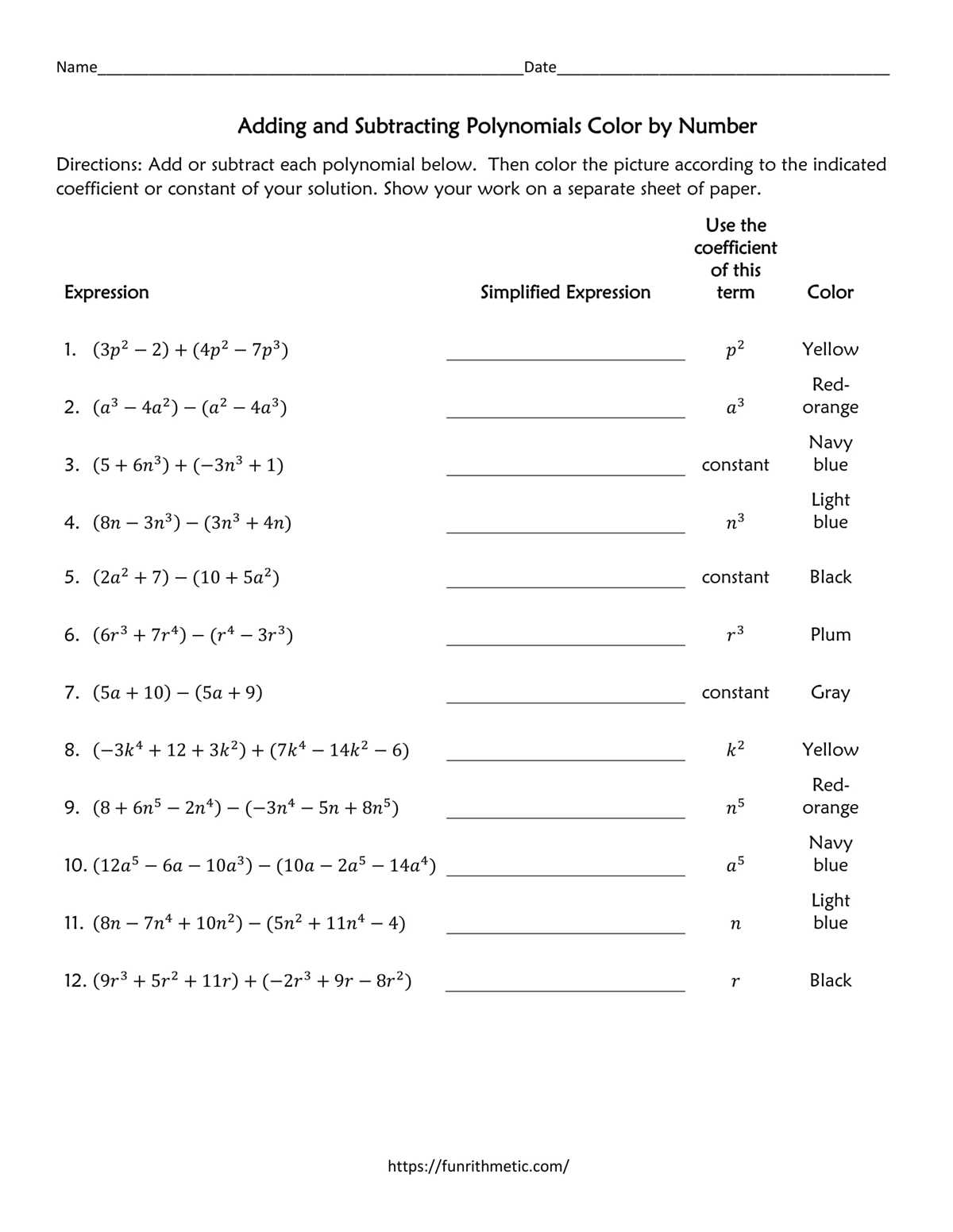 addition and subtraction polynomials worksheet