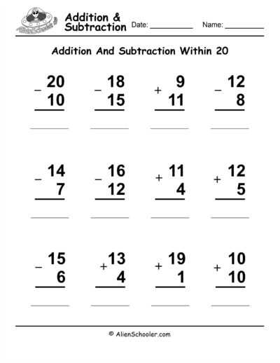 addition and subtraction worksheets to 20