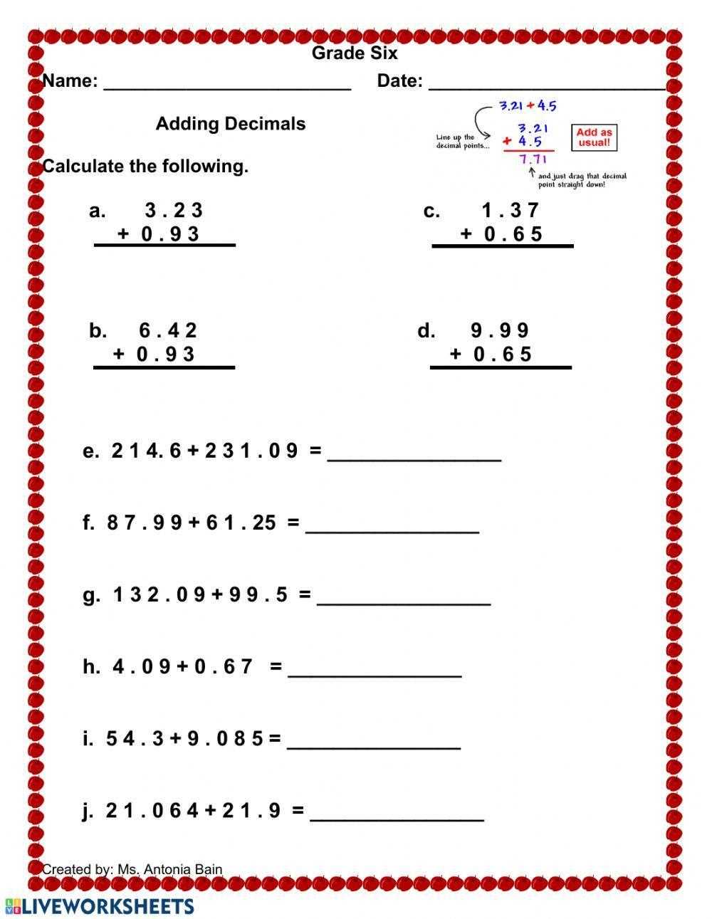 addition of decimal worksheet