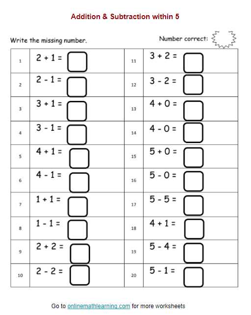 addition subtraction worksheets kindergarten